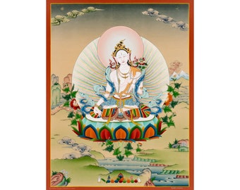 Pintura Thangka de Tara Blanca: Arte budista tibetano, longevidad y calma
