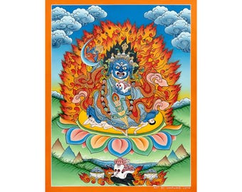 ヴィンテージ マハーカーラ タンカ：チベット仏教守護神絵画（58 x 83