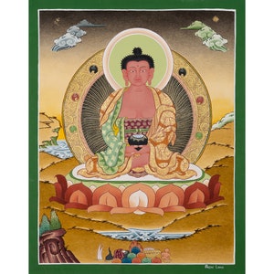 Amitabha Buddha Thangka: 24 Carat Gold, Cotton Canvas (33 x 25 cm)