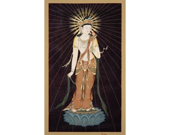 Schwarzes japanisches Sho-Kannon Bosatsu Thangka - Handgemalter Compassion Bodhisattva mit Lotus - Leinwand - S14215