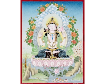 Thangka de Chenrezig: Arte del Bodhisattva de la Compasión hecho a mano (50 x 38 cm)