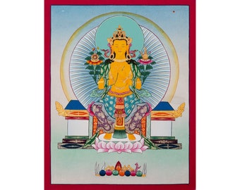 Luminoso Maitreya Buddha Thangka, faro de paz futura, ingeniosamente diseñado con símbolos celestiales, regalo supremo para seguidores B01082