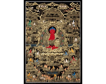 May include: A traditional Tibetan Buddhist thangka painting depicting a red Buddha figure surrounded by other figures and intricate details. The painting is done in gold and black on a black background.