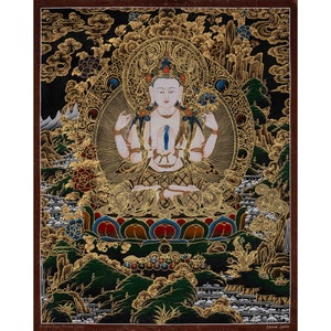 Handmade Chenrezig Thangka: Tibetan Buddhist Art with 24K Gold