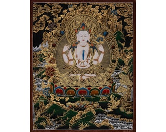 手描きの阿弥陀如来、文殊菩薩、観音菩薩タンカ：24K金製チベット美術