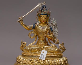 Handgemaakt messing Manjushri-beeld: boeddhistische godheidsbeeldhouwkunst