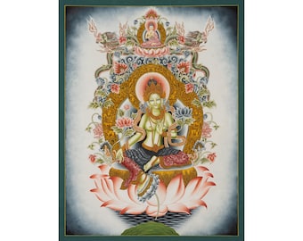 Traditioneel Himalaya-groen Tara-kunstwerk – Gemalen mineraal pigmentschildschilderij (60 x 45) cm