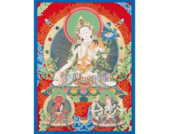 May include: A colorful painting depicting a deity with a golden halo, sitting in a lotus position on a multi-colored lotus flower. The deity is surrounded by intricate patterns and symbols. The painting is framed in a blue border.