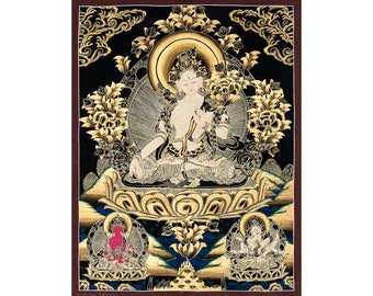 Pintura Thangka de Tara Blanca hecha a mano: decoración de pared budista tibetana