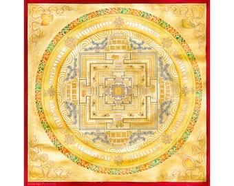 Mandala Kalachakra hecho a mano: Energía del Universo, lona de algodón y oro de 24 quilates