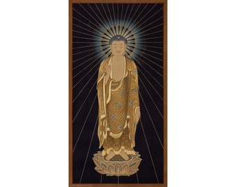 May include: A painting of a golden Buddha standing on a lotus flower. The Buddha is surrounded by a halo of light and rays. The background is dark blue.