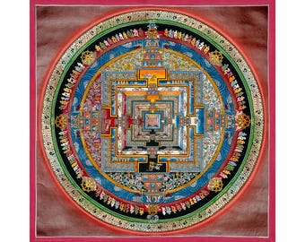 Arte de mandala Kalachakra hecho a mano: lienzo de algodón con oro de 24 quilates (50 x 50 cm)
