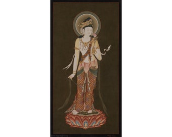 May include: A painting of a female deity standing on a lotus flower. She is wearing a crown, jewelry, and a patterned robe. The background is a dark green color.
