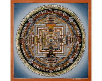 May include: A colourful mandala with intricate details and gold accents. The mandala is surrounded by a border of Tibetan script. The mandala is painted on a blue background with a red border.