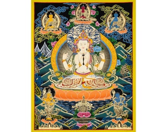 手描きの阿弥陀如来、文殊菩薩、観音菩薩タンカ：24K金製チベット美術