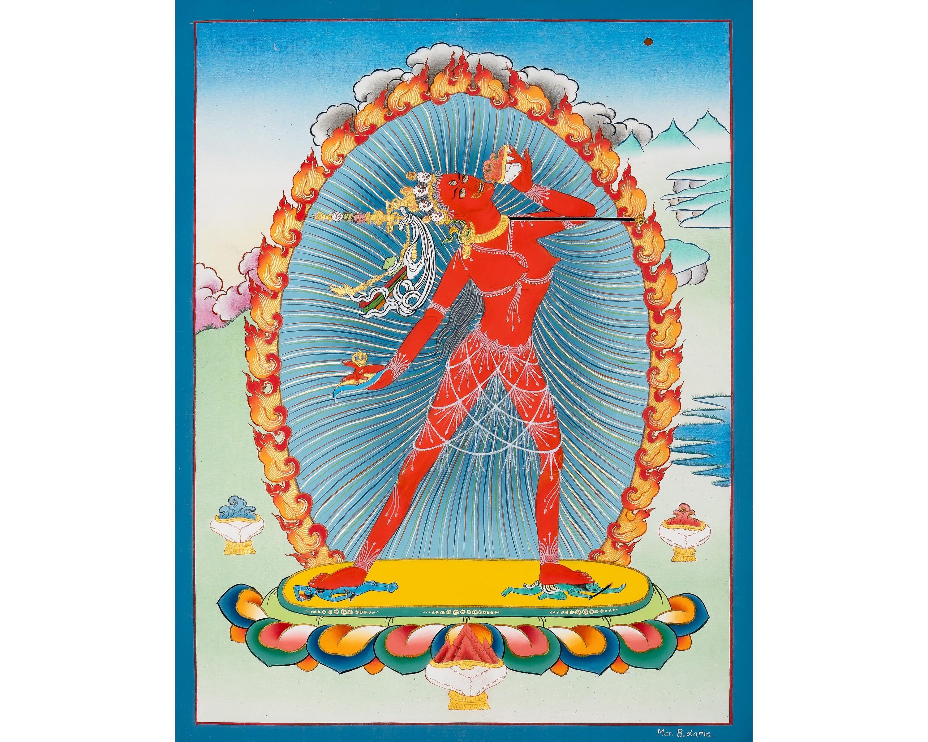 ヴァジュラヨーギニ・タンカ｜手描きの仏教ダキニ｜内なる炎、明晰さ