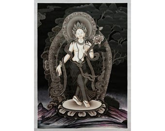 May include: A black and white painting of a deity with a white face and a black body, standing on a lotus flower. The deity is surrounded by a black and white mandala.