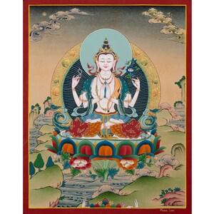 Chenrezig Buddhist Thangka - Traditional Tibetan Artwork, Lotus & Mantra Detailing, Serene Mindfulness Gift - B06682