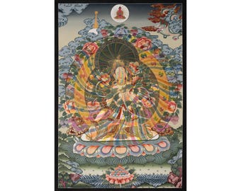 Tęczowa biała Tara Thangka – Siedmiooka bogini współczucia, uzdrawiania, tybetańska sztuka ścienna, jedno zdjęcie