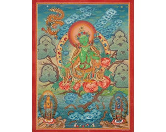 The Compassionate Gateway: high-end Tibetaans groen heilig canvas Tara - A84562