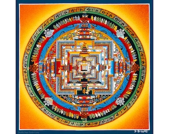 May include: A vibrant, detailed mandala artwork with a complex geometric design. The central square is surrounded by concentric circles in red, blue, green, and yellow, with intricate patterns and figures. The artwork is framed by a dark blue border.