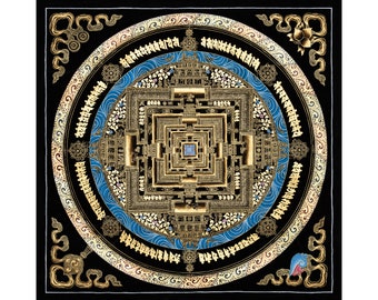Kalachakra Mandala Thangka: Schwarz & Gold tibetisch-buddhistische Kunst, 24K Gold