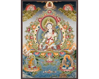 Pintura Thangka de Tara Blanca hecha a mano: arte mural budista del Himalaya (66 x 46 cm)