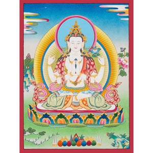 Tibetan Thangka Painting - Handcrafted Chenrezig Art, Spiritual Compassion Wall Decor, Buddhist Meditation Gift -B03346