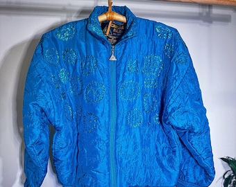 Chaqueta bomber acolchada vintage azul verdoso: estilo informal, talla S para mujer
