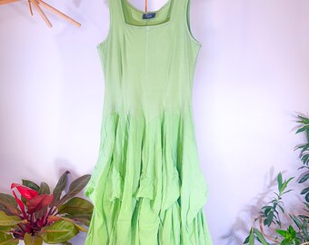 Vintage Green Cotton Tank Dress, Ruched Cargo Skirt, S/M