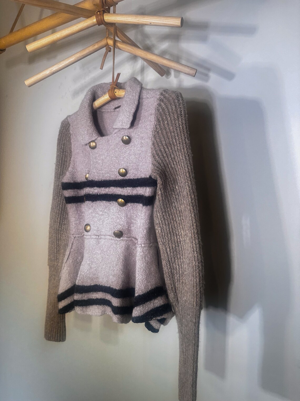 Vintage Free People Knit Military Style Striped Jacket With Brass