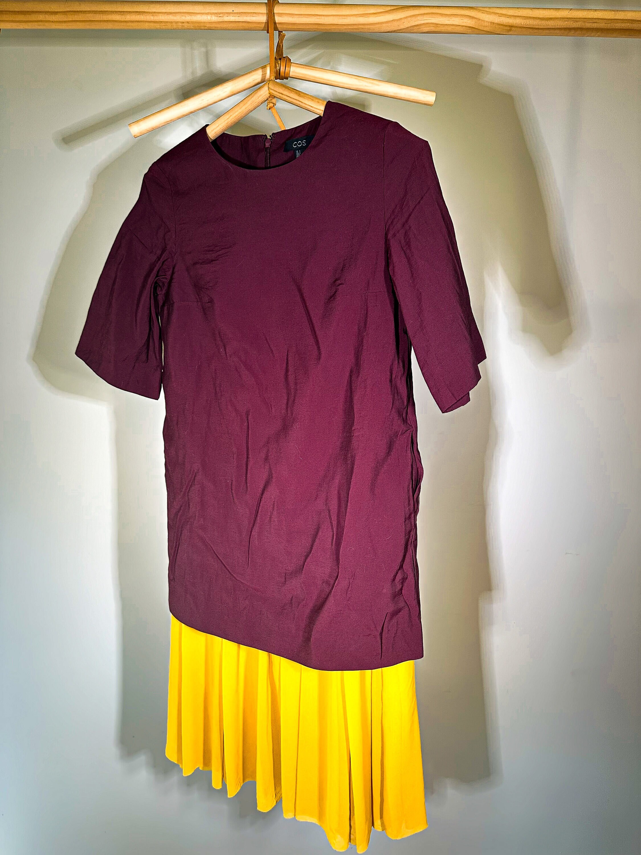 COS Color Block Shift Dress, Burgundy Taffeta & Yellow Chiffon (M)