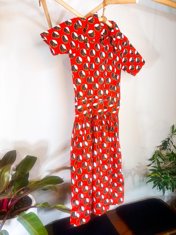 Vintage Old Fashioned Polka-Dot Red White Black and Yellow Collared Fit and Flare Dress
