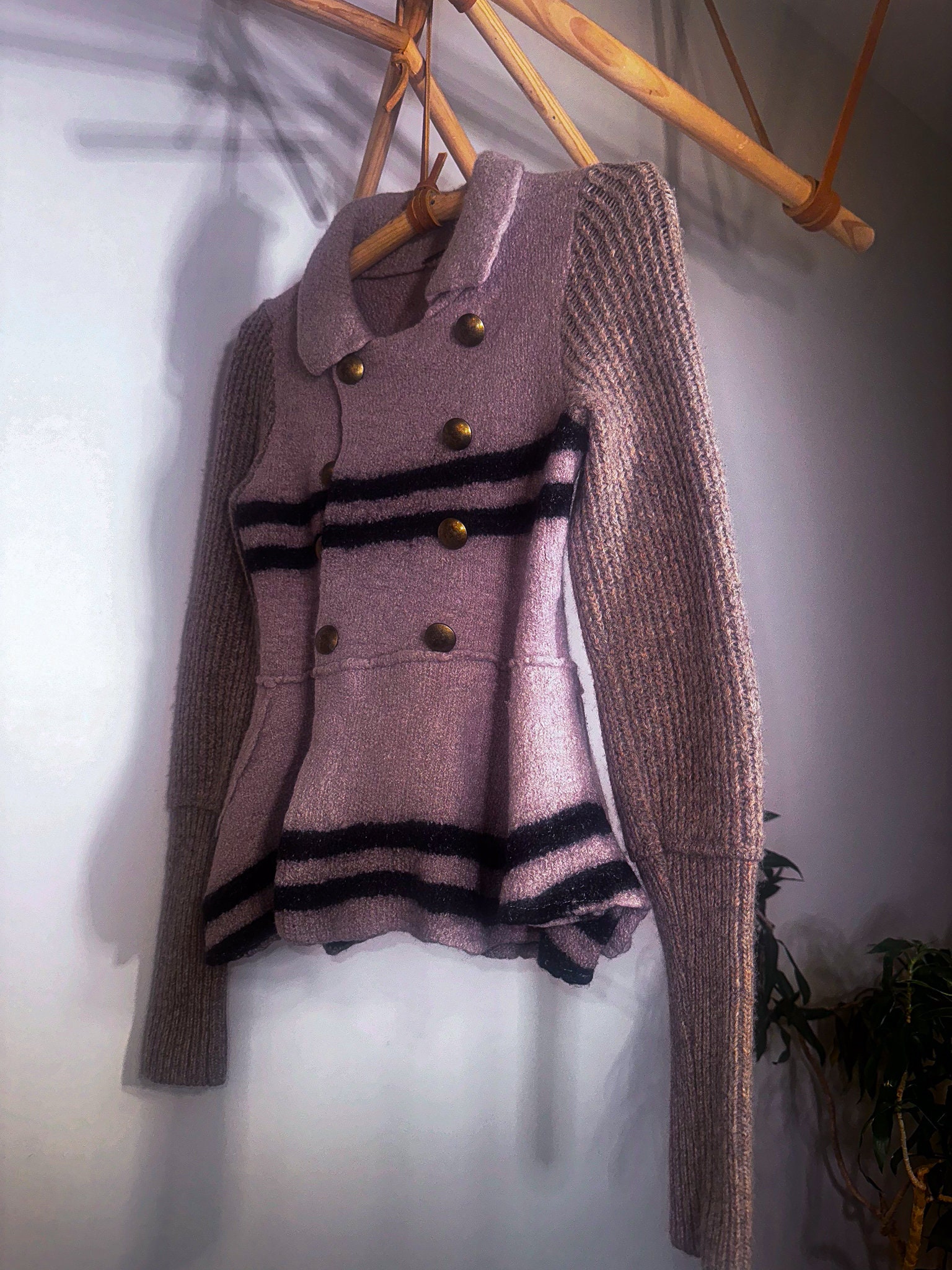 Vintage Free People Knit Military Style Striped Jacket With Brass