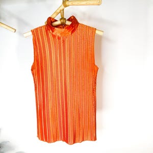 May include: Orange sleeveless top with a high collar, hanging on a wooden hanger. The top features vertical pleats and a gradient of orange hues. The garment is displayed against a white background.