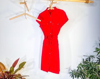 Calvin Klein Red Utility Dress | Vintage Button-Front Shirt Dress with Tie Waist | Minimalist 90s CK