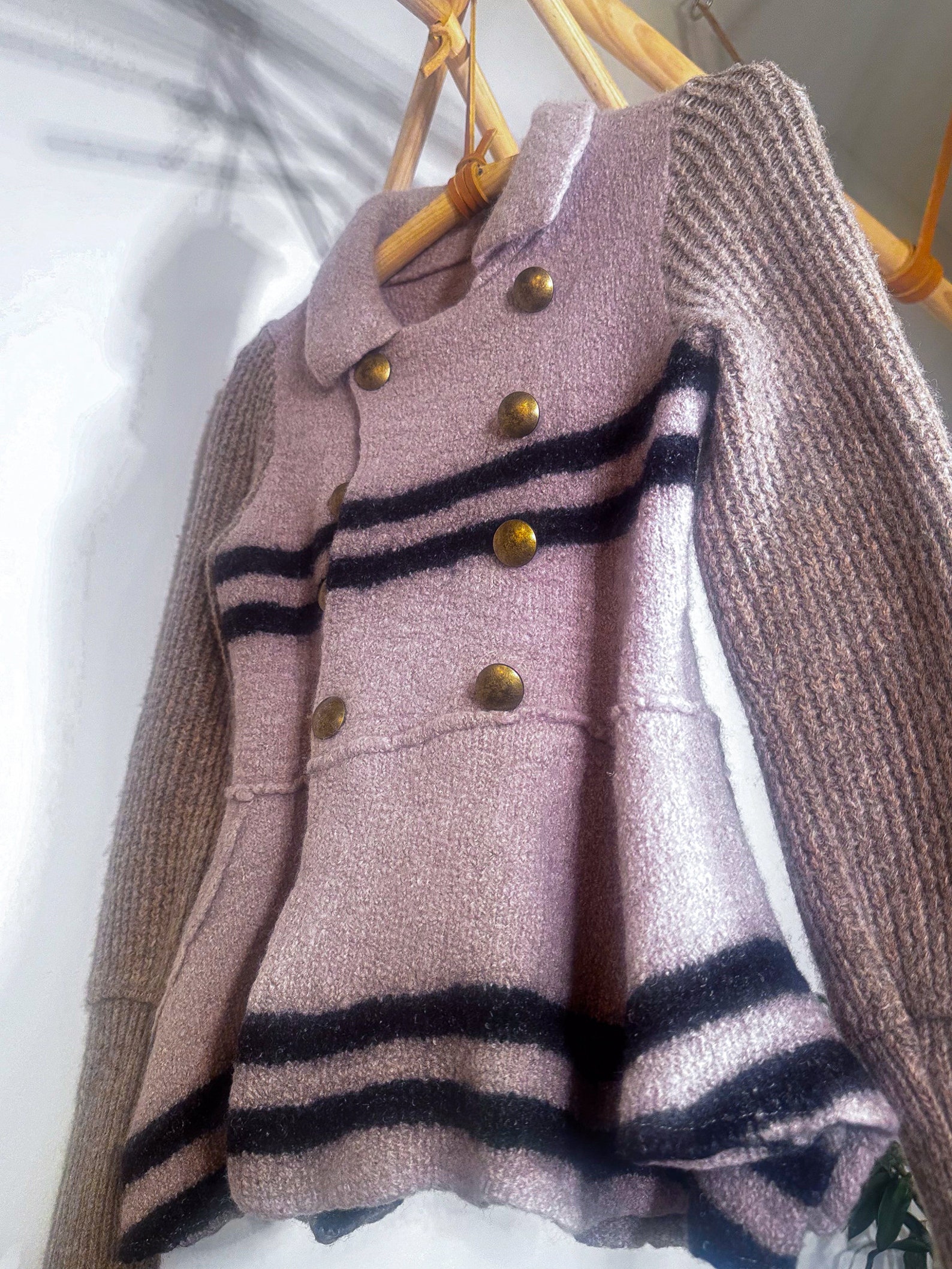 Vintage Free People Knit Military Style Striped Jacket With Brass