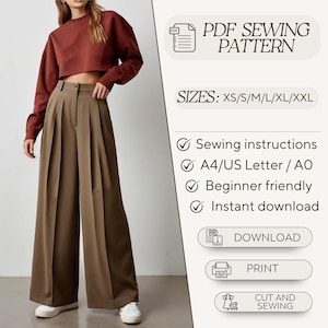 Set Palazzo Pants Top Sewing Pattern | Top Long Sleeve | Wide Leg Trouser with Pockets | from XS to 5XL | PDF Patterns Sewing