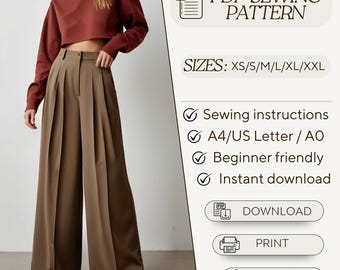Set Palazzo Pants Top Sewing Pattern | Top Long Sleeve | Wide Leg Trouser with Pockets | from XS to 5XL | PDF Patterns Sewing