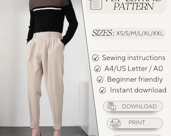 May include: PDF sewing pattern for pants in sizes XS to XXL. The pattern includes sewing instructions, is beginner friendly, and is available for instant download. The pattern is printed on A4/US Letter or AO paper.