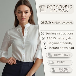 Könnte beinhalten: Eine weiße Bluse mit einem Stehkragen und Rüschenärmeln. Das Bild enthält Text, der "PDF SEWING PATTERN" und "SIZES: XS/S/M/L/XL/XXL" lautet. Das Bild enthält auch Symbole zum Herunterladen, Drucken und Schneiden und Nähen.