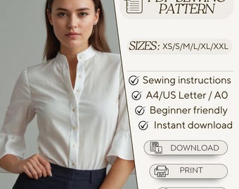 Blusa elegante con mangas acampanadas / Blusa de oficina personalizable / Diseñada para todas las tallas XS-5XL / Patrón de costura descargable