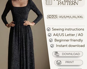 square neck long sleeve dress pattern Long Sleeve Dress Sewing Pattern | Square Neck Dress PDF Pattern | Formal  Dress Pattern | from XS to 5XL
