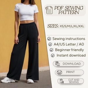 May include: A woman wearing a white crop top and black wide-leg pants. The image is a product listing for a PDF sewing pattern for the pants. The pattern includes sizes XS to XXL, sewing instructions, and is beginner friendly. The pattern is available for instant download.