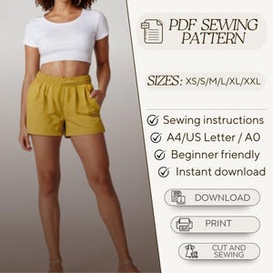 May include: PDF sewing pattern for shorts in sizes XS, S, M, L, XL, and XXL. The pattern includes sewing instructions, is beginner friendly, and is available for instant download. The pattern is printed on A4 or US Letter size paper.
