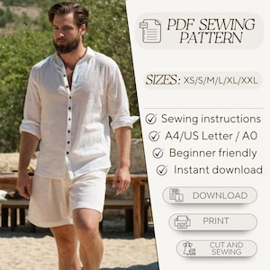 May include: A PDF sewing pattern for a white linen shirt and shorts. The pattern includes sewing instructions, is beginner friendly, and is available for download in A4/US Letter or A0 sizes. Sizes available: XS, S, M, L, XL, XXL.