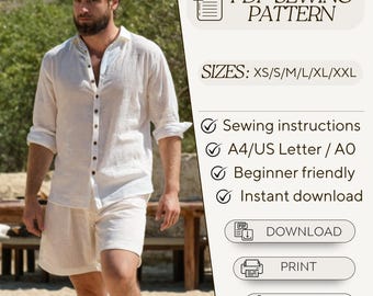 Set Sewing Pattern Men Summer Blouse and Shorts  | Loose Shorts PDF Pattern | Men Linen Pattern | from XS to 5XL | PDF Patterns Sewing