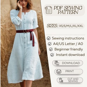 Puede incluir: Un patrón de costura PDF para un vestido blanco de lino con un cinturón burdeos. El patrón incluye instrucciones de costura, es fácil de hacer y está disponible para descargar en tamaños A4/US Letter o AO. El patrón está disponible en las tallas XS, S, M, L, XL y XXL.
