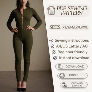 May include: A PDF sewing pattern for a jumpsuit. The pattern includes instructions, is beginner friendly, and is available for download in sizes XS to XXL. The pattern is printed on A4 or US Letter paper.