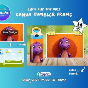 12oz flip top kids tumbler frame canva. drop your image to frame. editable and printable design. design for kids. zdjęcie 1